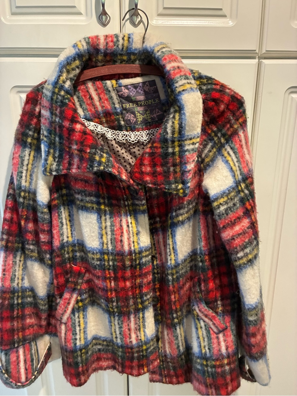 Free People Red, White & Blue Plaid Pea Coat